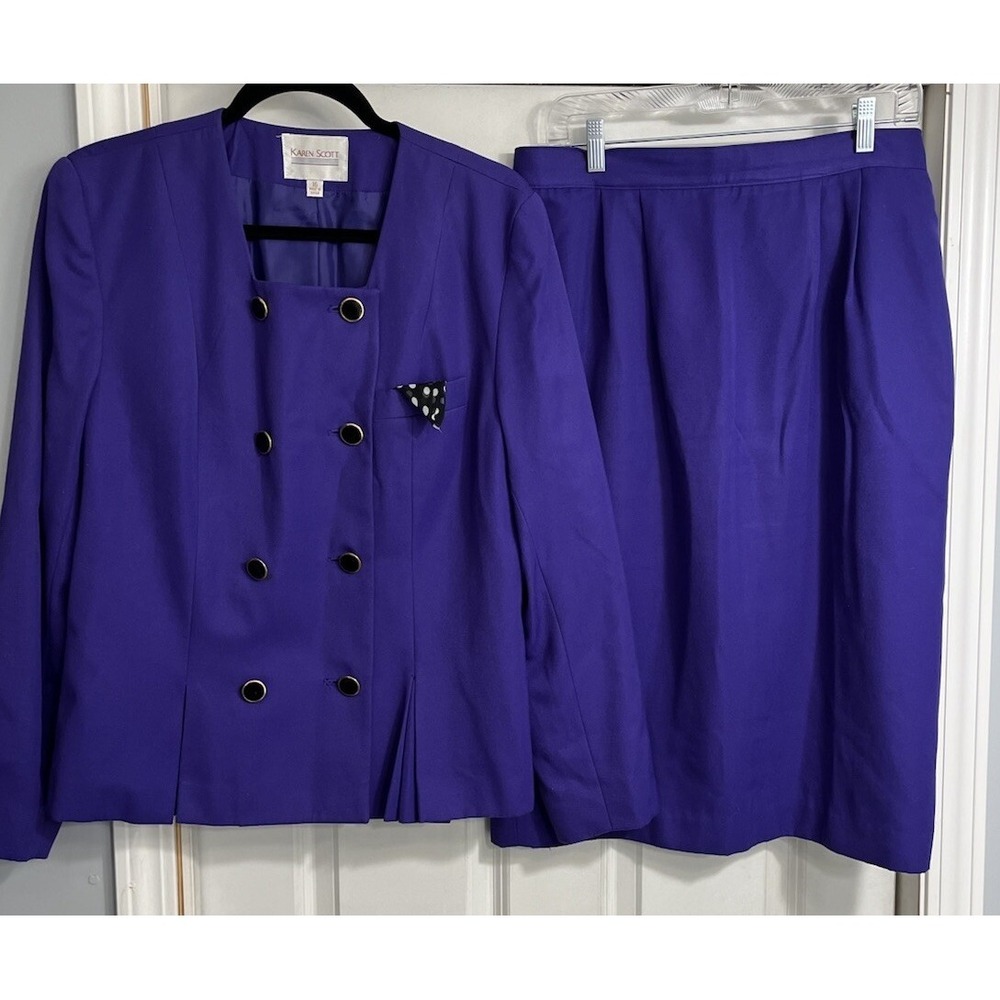 Karen Scott Woman Skirt Suit Sz 16 Jacket Purple Double Breasted Vintage